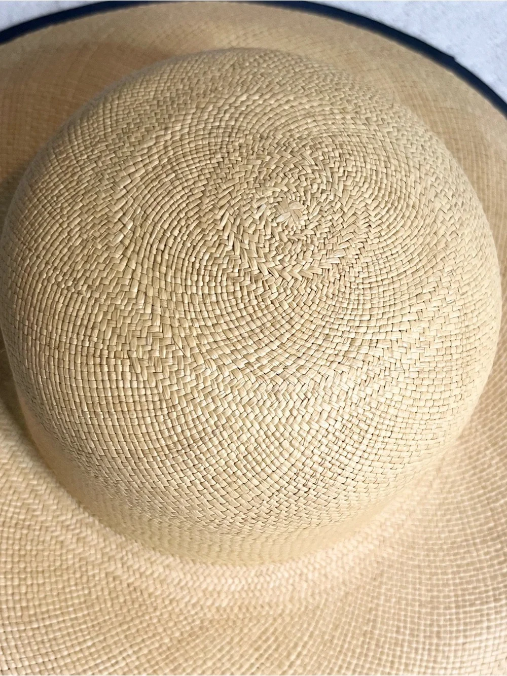 Vintage Charter Club Yellow Straw Sun Hat with Navy Blue Edge and Under Side